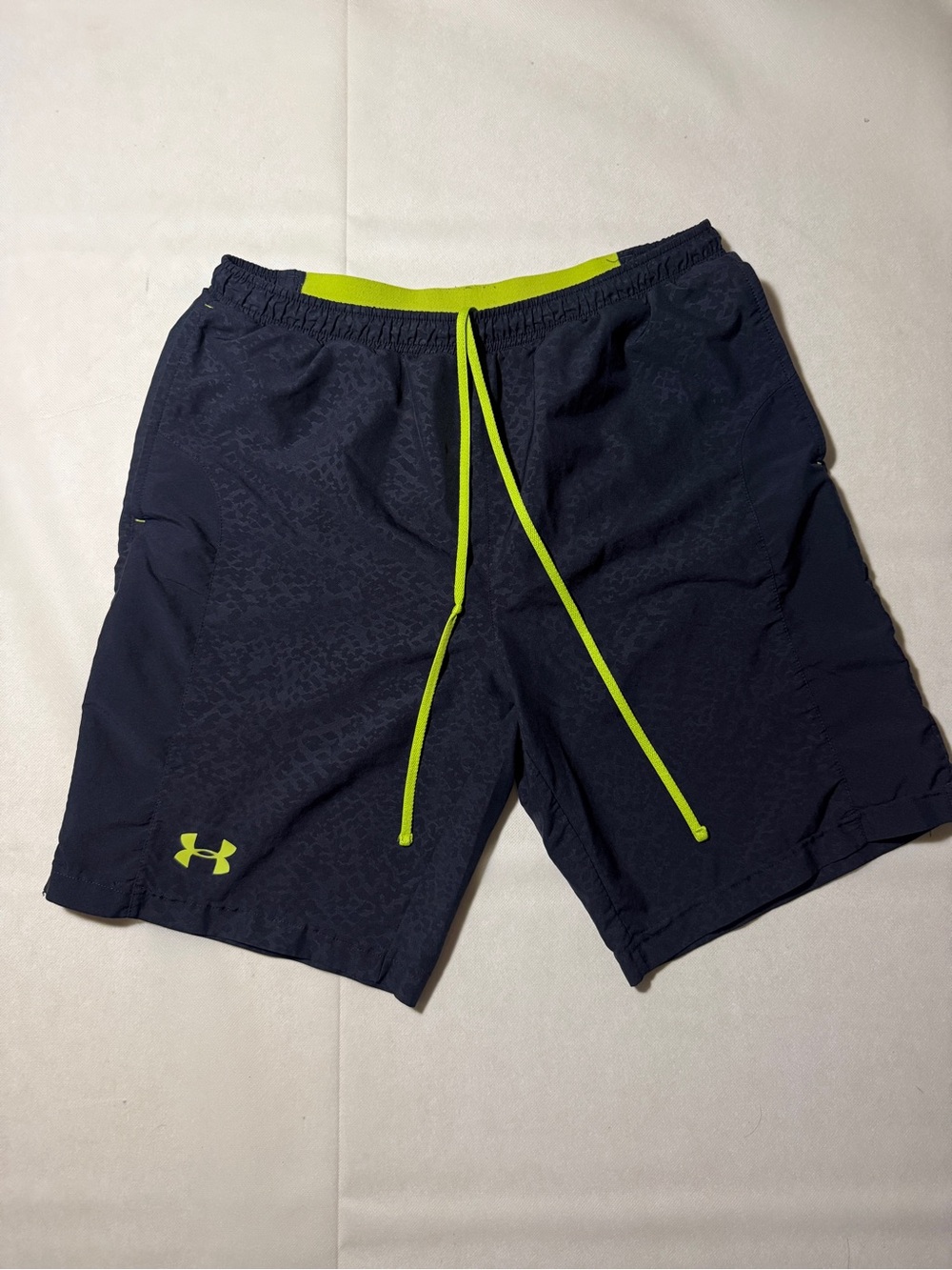 Under Armour Men’s Navy Shorts with Neon Lime Drawcords